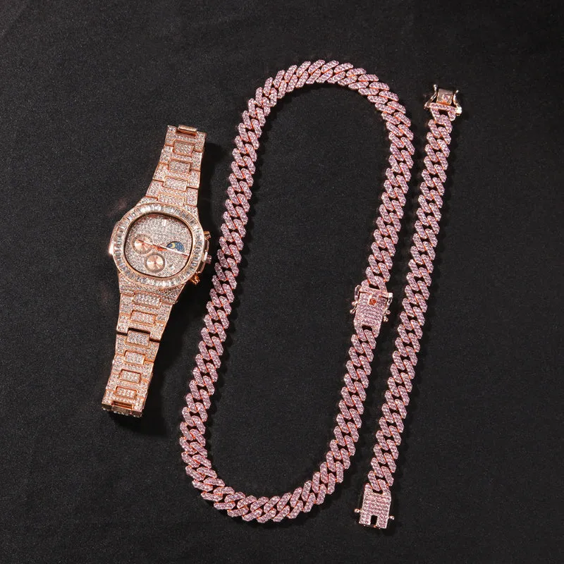 12mm Iced Out Bracelet   Necklace   Watch Set