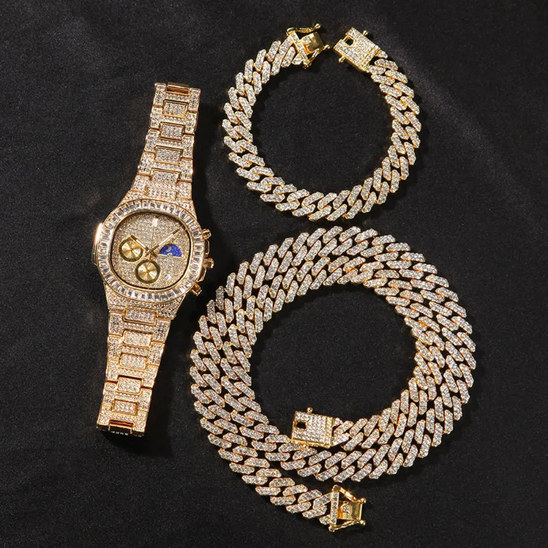 12mm Iced Out Bracelet   Necklace   Watch Set