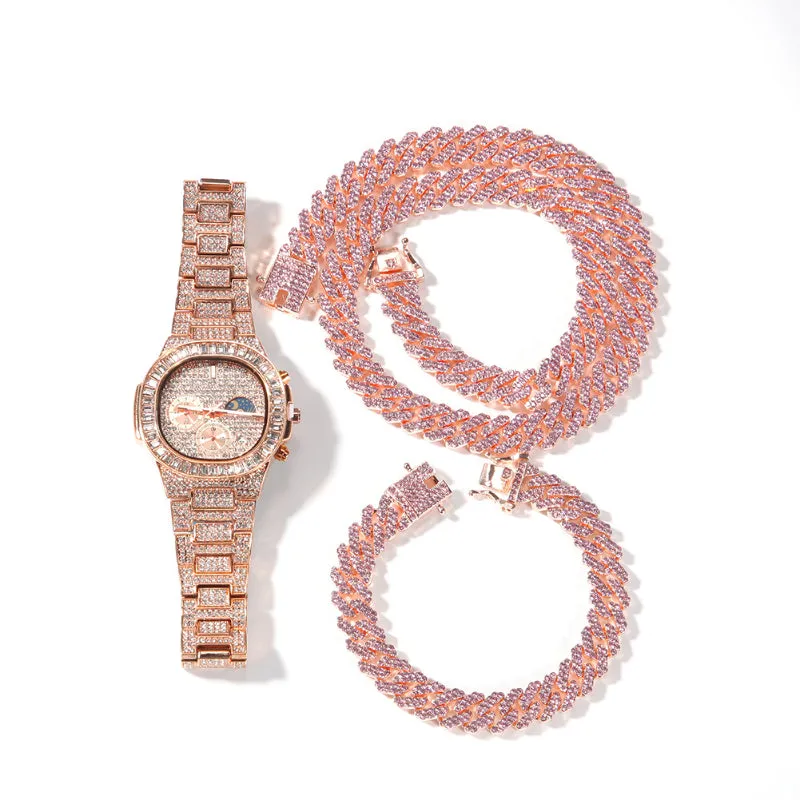 12mm Iced Out Bracelet   Necklace   Watch Set