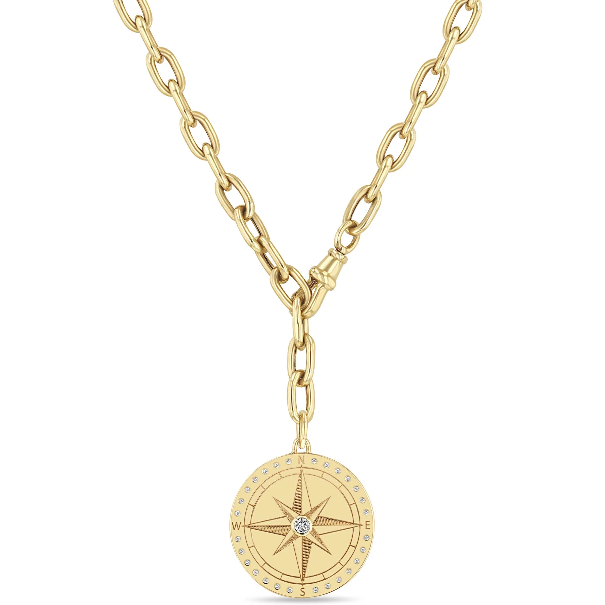 14k Large Compass Medallion Adjustable XL Square Oval Chain Necklace