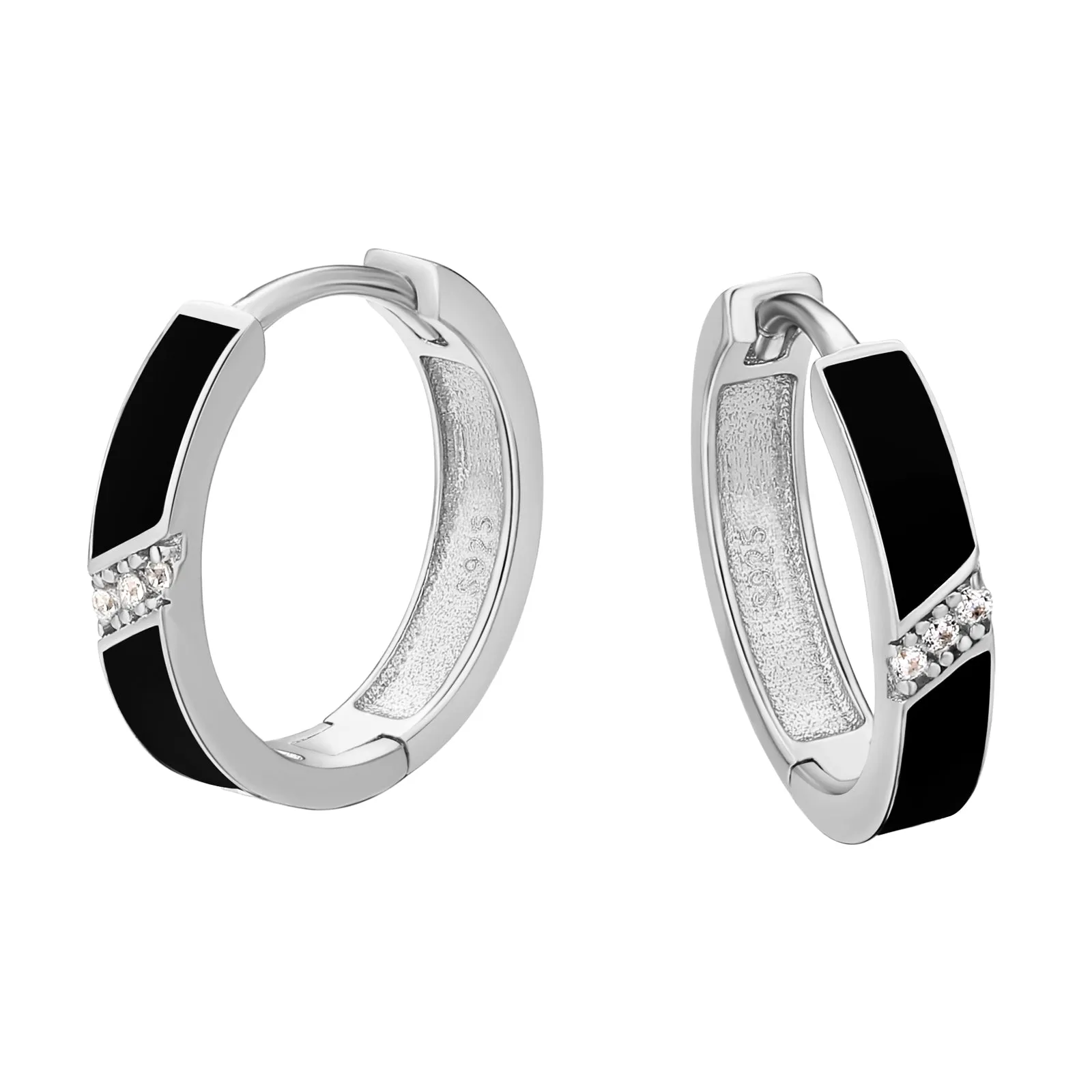 15mm 2-Color Sterling Silver Diamond Round Hoop Mens Earrings