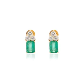 18K Gold Emerald Three Diamond Stud Earrings