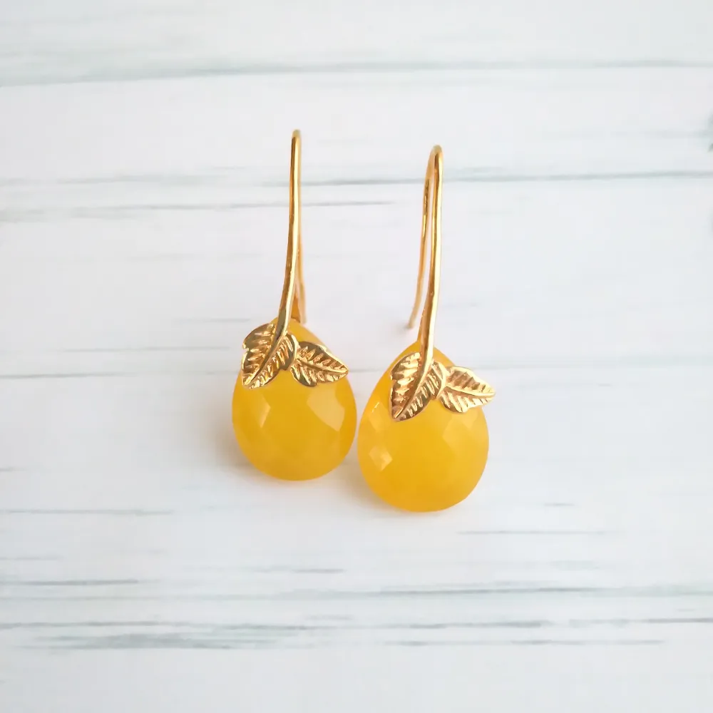 2 Leaf Yellow Jade Single Gem Drop Earrings