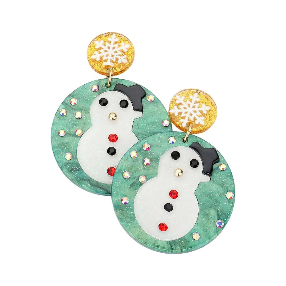 Acetate Christmas Snowman Accented Circle Dangle Earrings