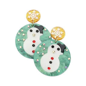 Acetate Christmas Snowman Accented Circle Dangle Earrings