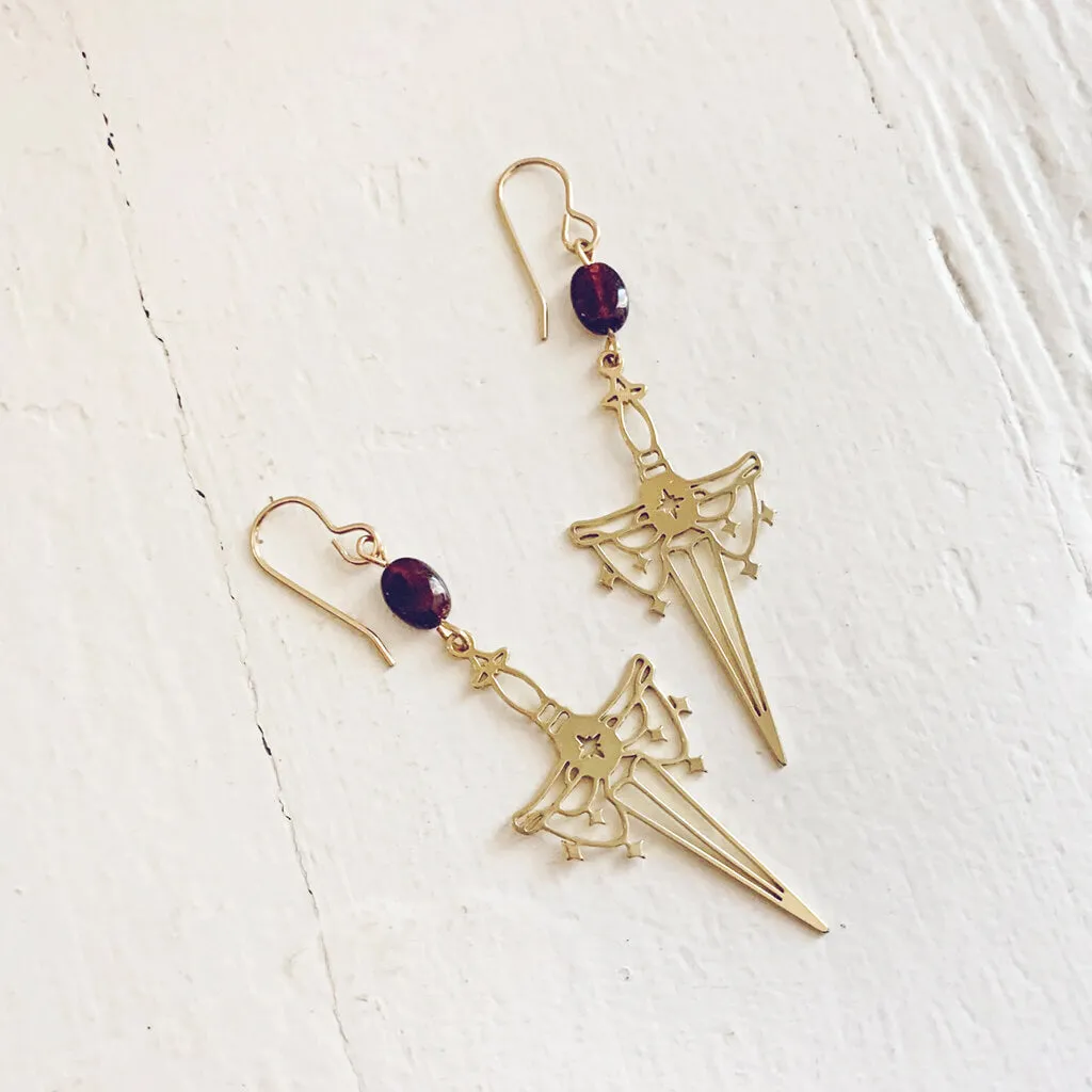 anelace // brass or steel garnet and dagger earrings