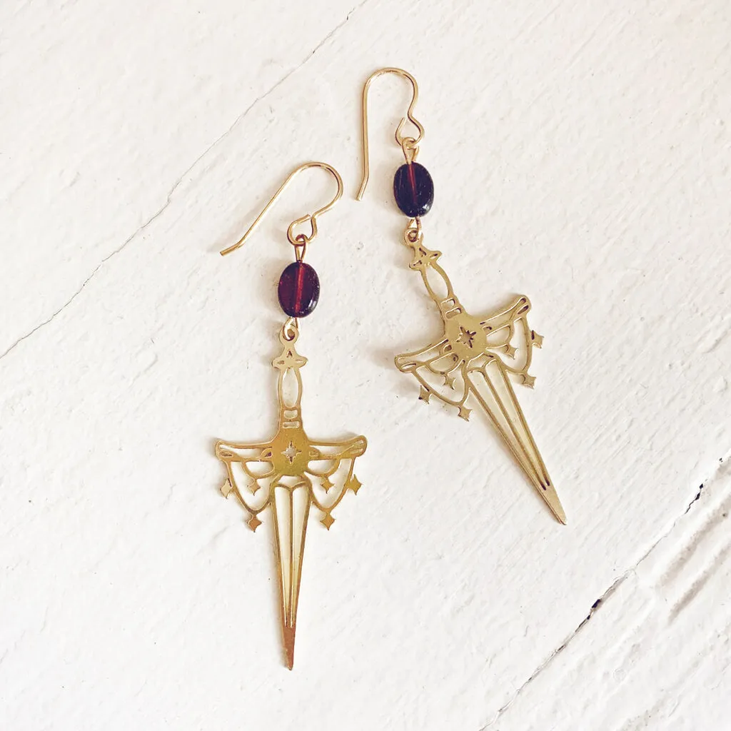 anelace // brass or steel garnet and dagger earrings