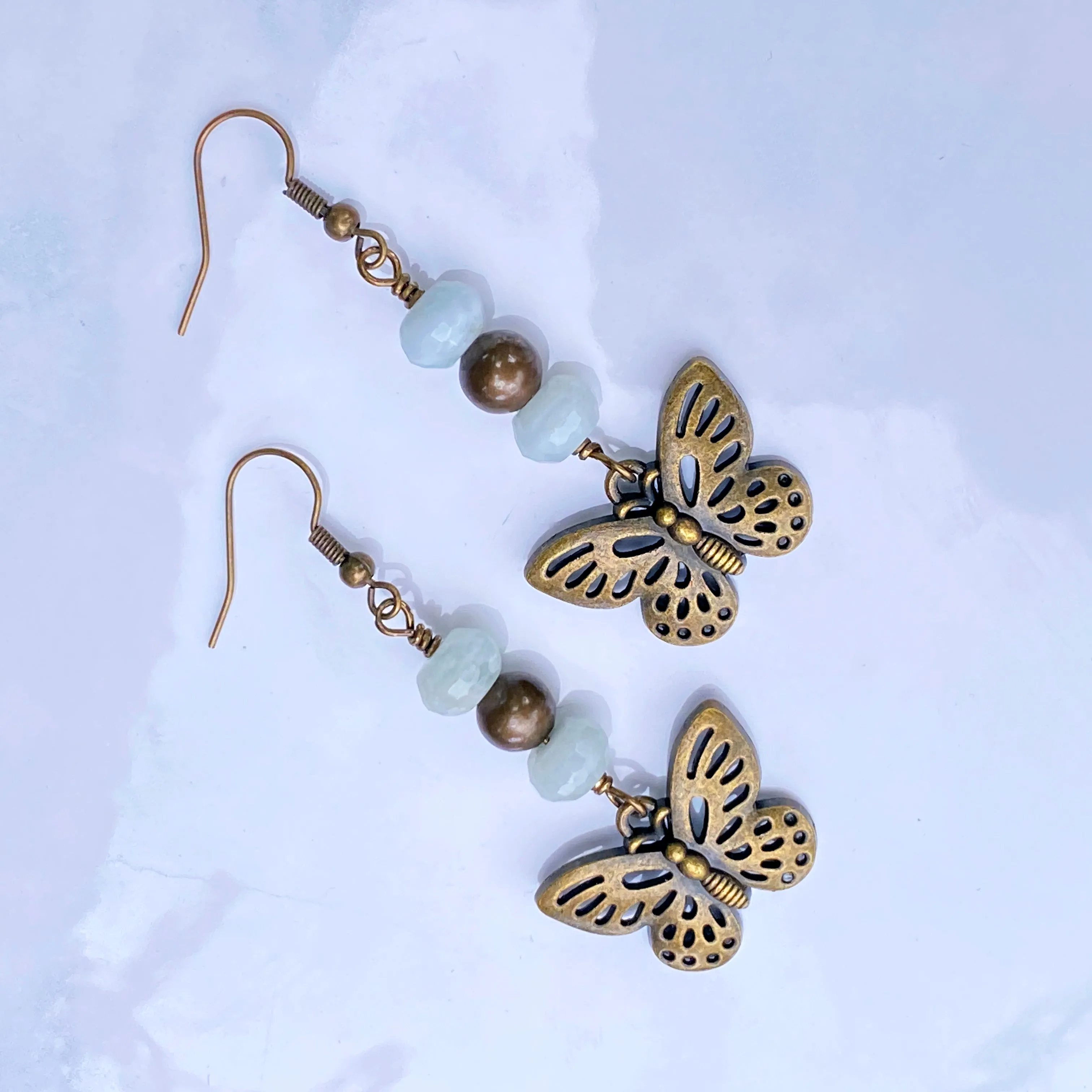 Aquamarine gemstone with brass Butterfly Earrings