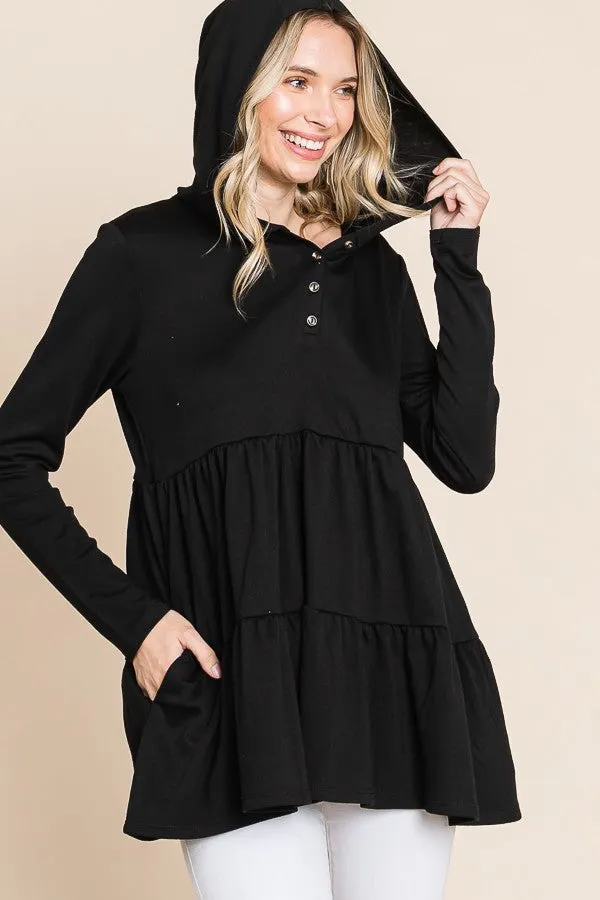 BLACK HOODIE SHIRRING LONG SLEEVE TUNIC TOP