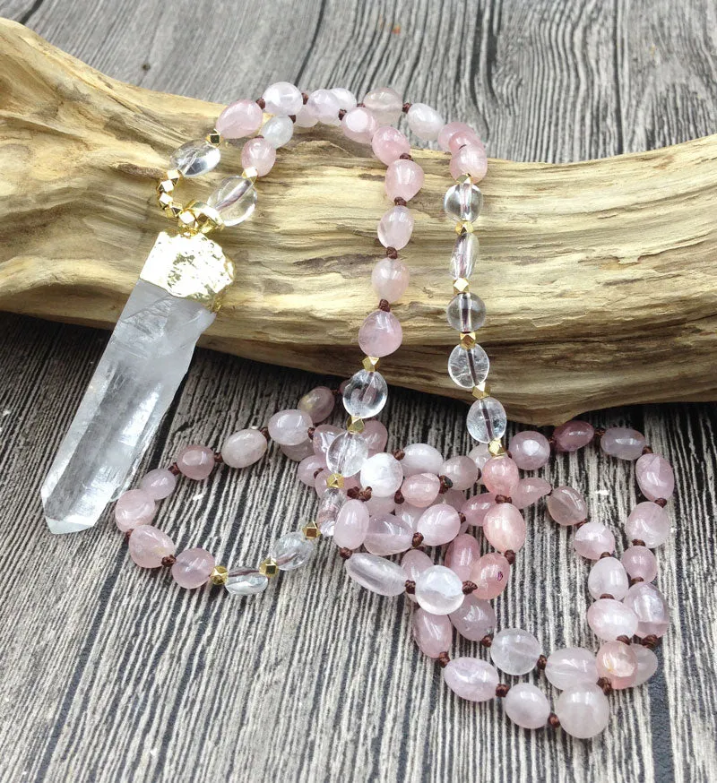 Blush Rose Quartz in Clear Point Pendant Necklace