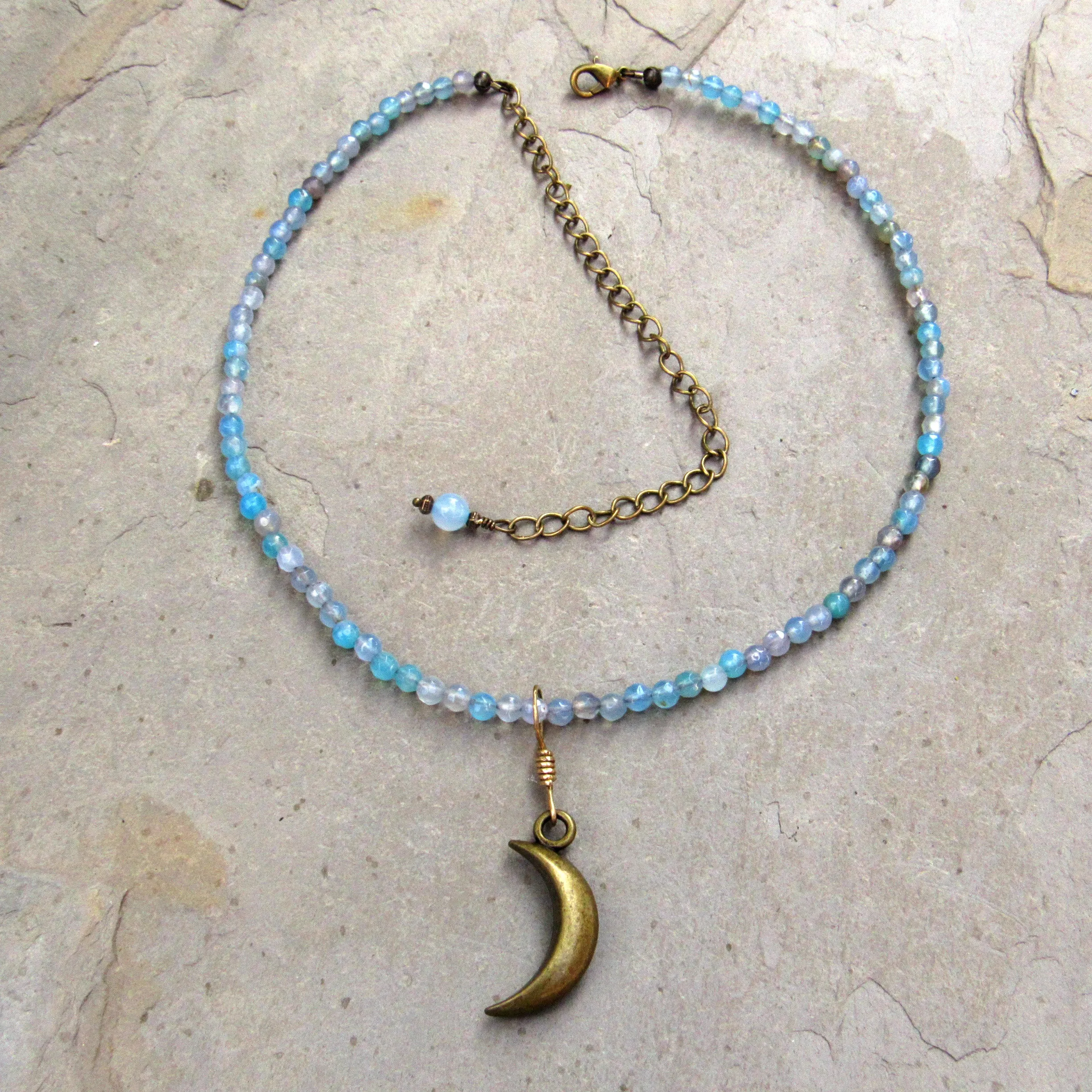 Brass Moon on blue agate gemstone beaded choker and necklace