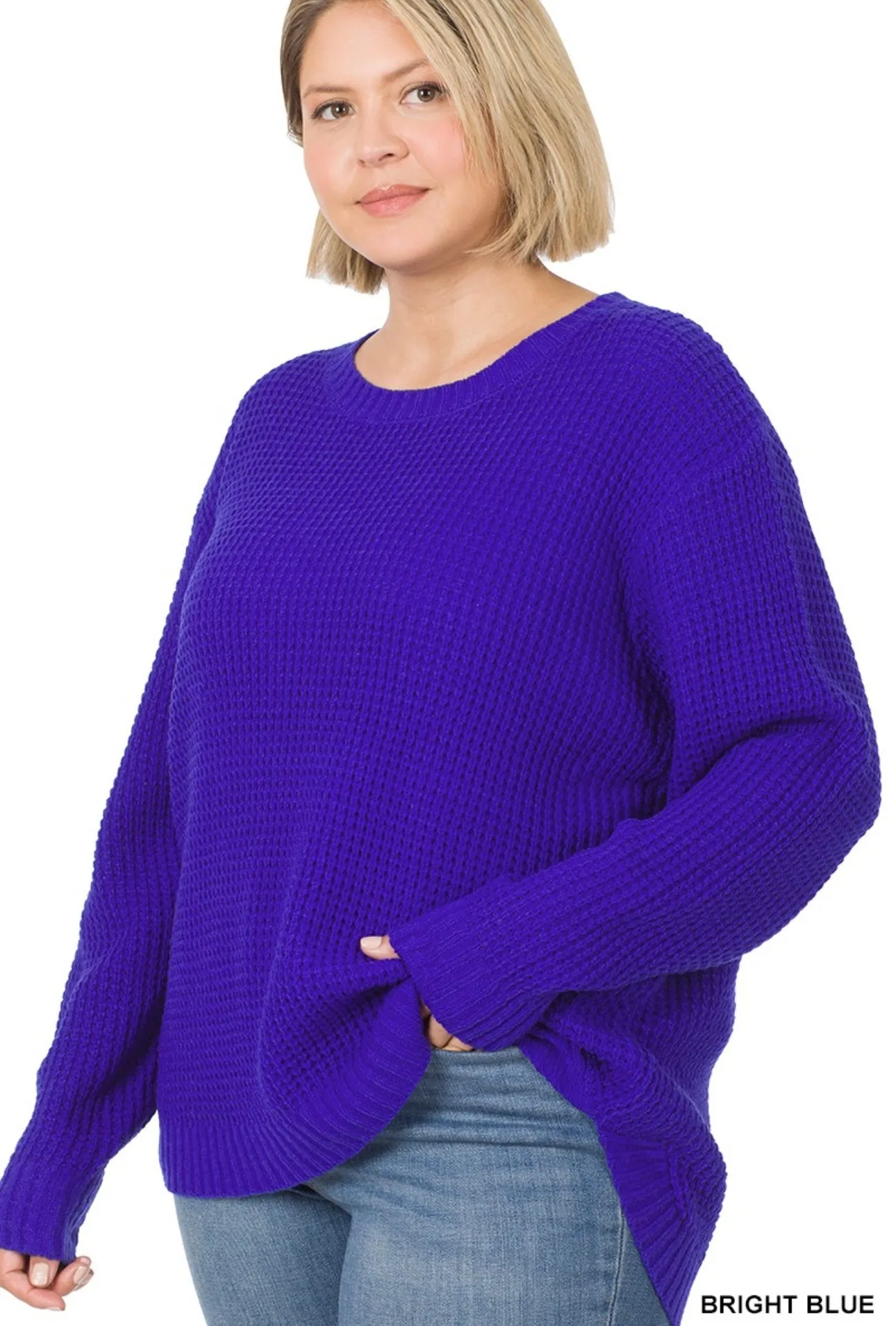 Bright Blue High Low Waffle Sweater TW-3416XBA