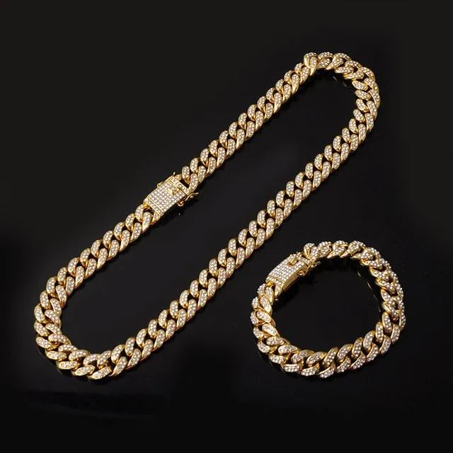 Chain  Watch Bracelet Silver & Gold Color Full Iced Out Paved Rhinestones CZ  For Men