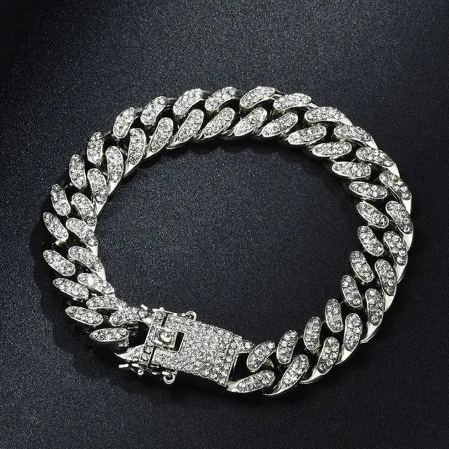 Chain  Watch Bracelet Silver & Gold Color Full Iced Out Paved Rhinestones CZ  For Men