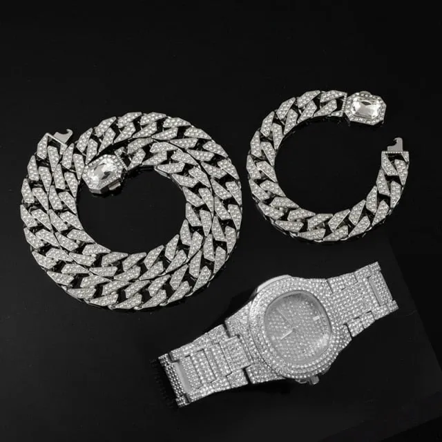 Chain  Watch Bracelet Silver & Gold Color Full Iced Out Paved Rhinestones CZ  For Men