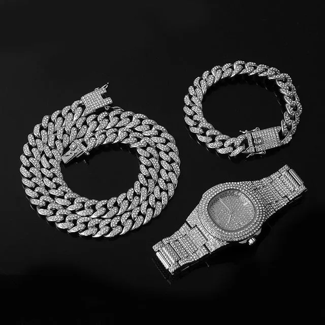 Chain  Watch Bracelet Silver & Gold Color Full Iced Out Paved Rhinestones CZ  For Men