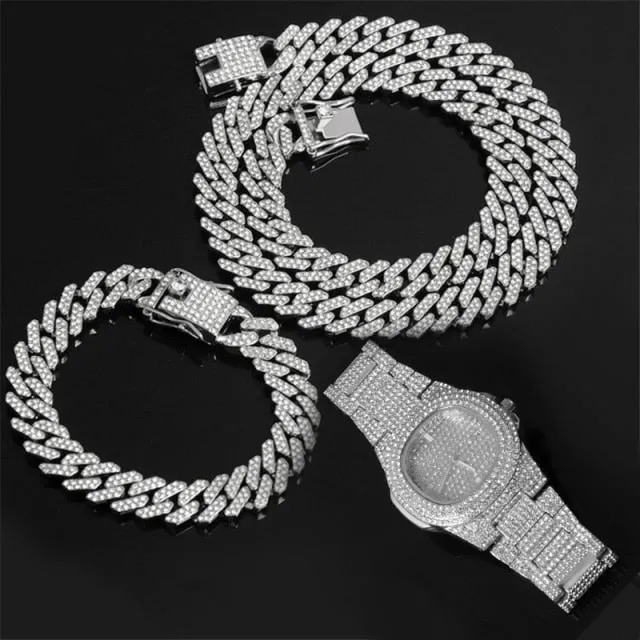 Chain  Watch Bracelet Silver & Gold Color Full Iced Out Paved Rhinestones CZ  For Men