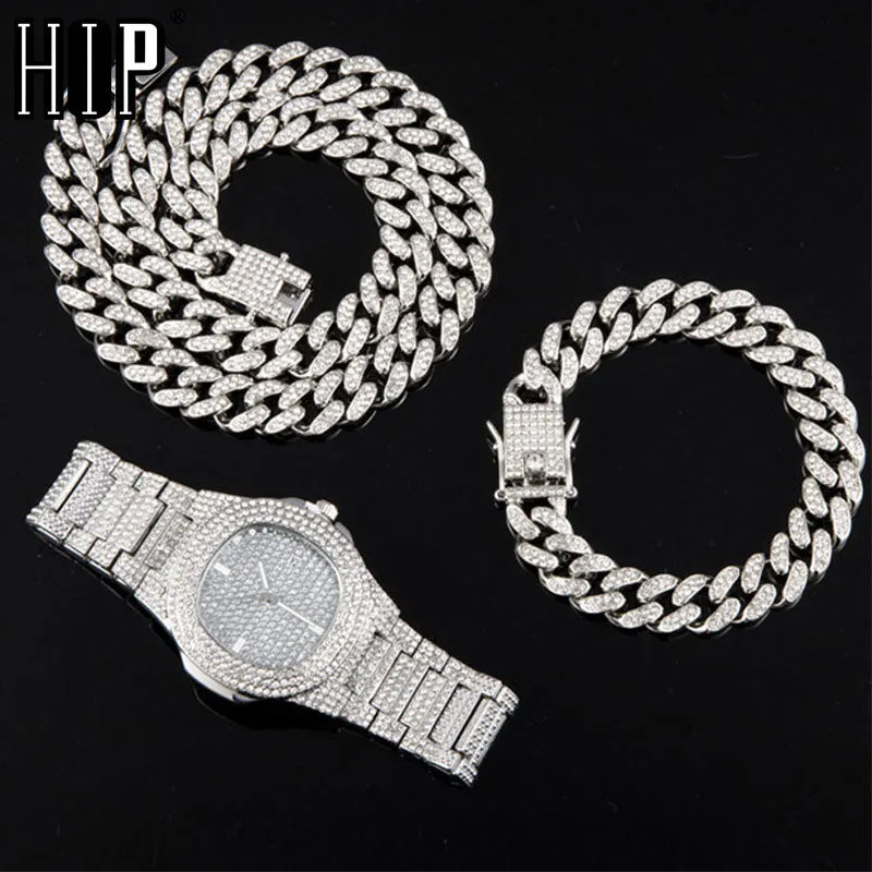 Chain  Watch Bracelet Silver & Gold Color Full Iced Out Paved Rhinestones CZ  For Men