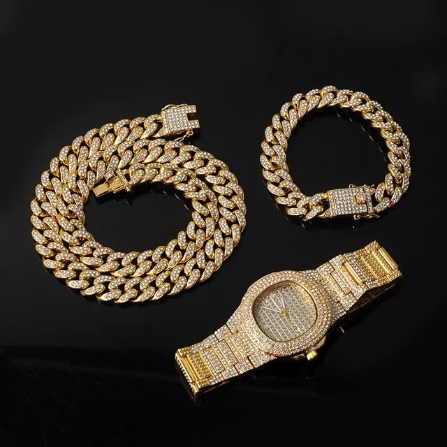 Chain  Watch Bracelet Silver & Gold Color Full Iced Out Paved Rhinestones CZ  For Men