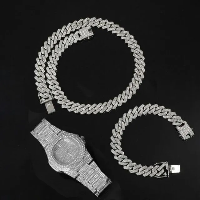 Chain  Watch Bracelet Silver & Gold Color Full Iced Out Paved Rhinestones CZ  For Men