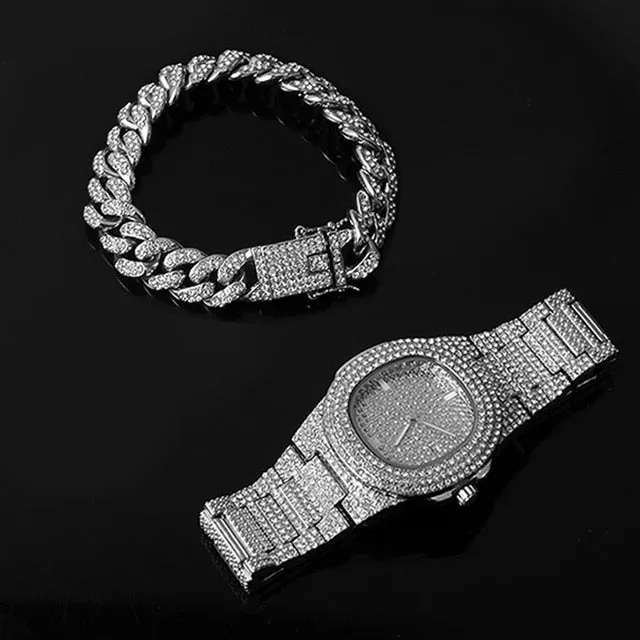 Chain  Watch Bracelet Silver & Gold Color Full Iced Out Paved Rhinestones CZ  For Men