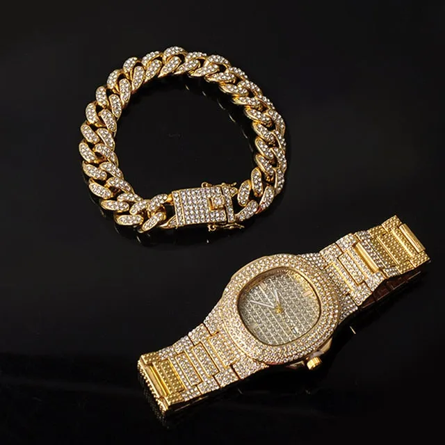 Chain  Watch Bracelet Silver & Gold Color Full Iced Out Paved Rhinestones CZ  For Men