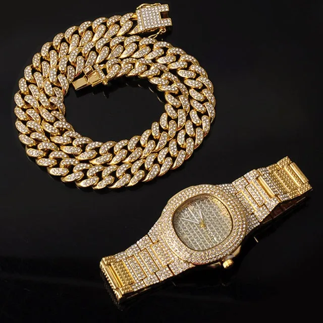 Chain  Watch Bracelet Silver & Gold Color Full Iced Out Paved Rhinestones CZ  For Men