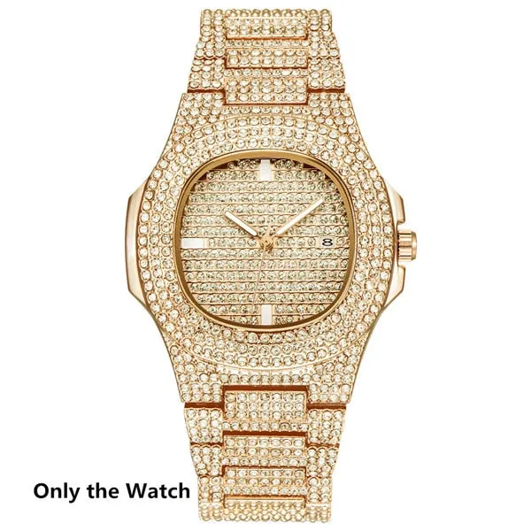 Chain  Watch Bracelet Silver & Gold Color Full Iced Out Paved Rhinestones CZ  For Men