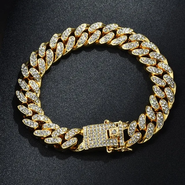 Chain  Watch Bracelet Silver & Gold Color Full Iced Out Paved Rhinestones CZ  For Men