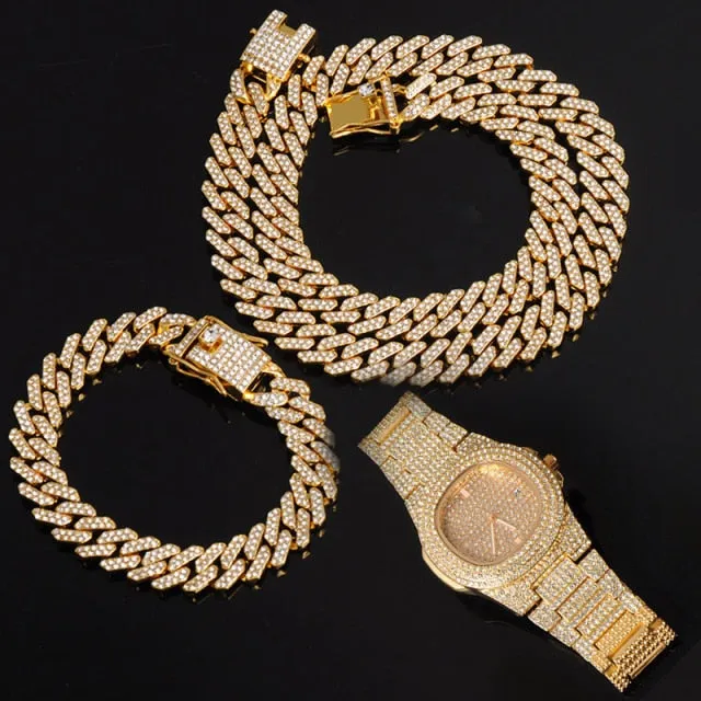 Chain  Watch Bracelet Silver & Gold Color Full Iced Out Paved Rhinestones CZ  For Men