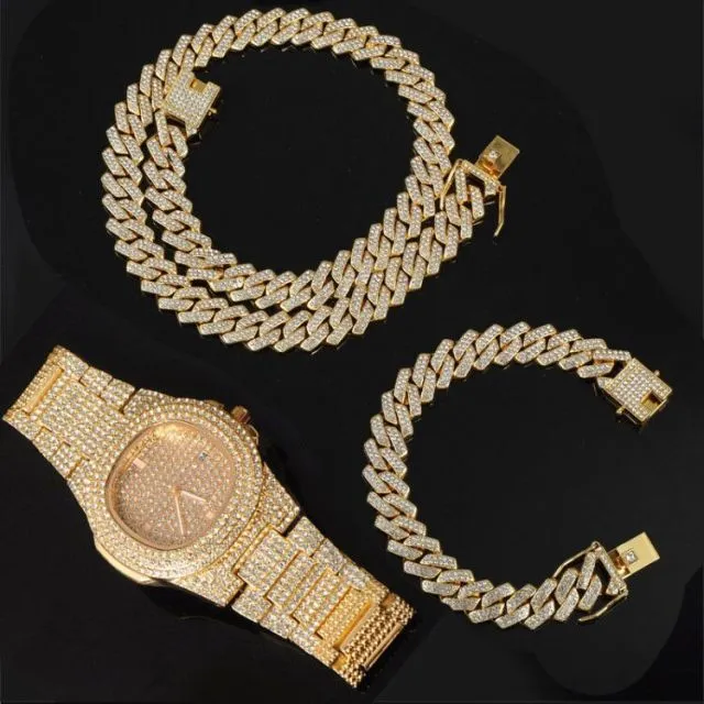 Chain  Watch Bracelet Silver & Gold Color Full Iced Out Paved Rhinestones CZ  For Men