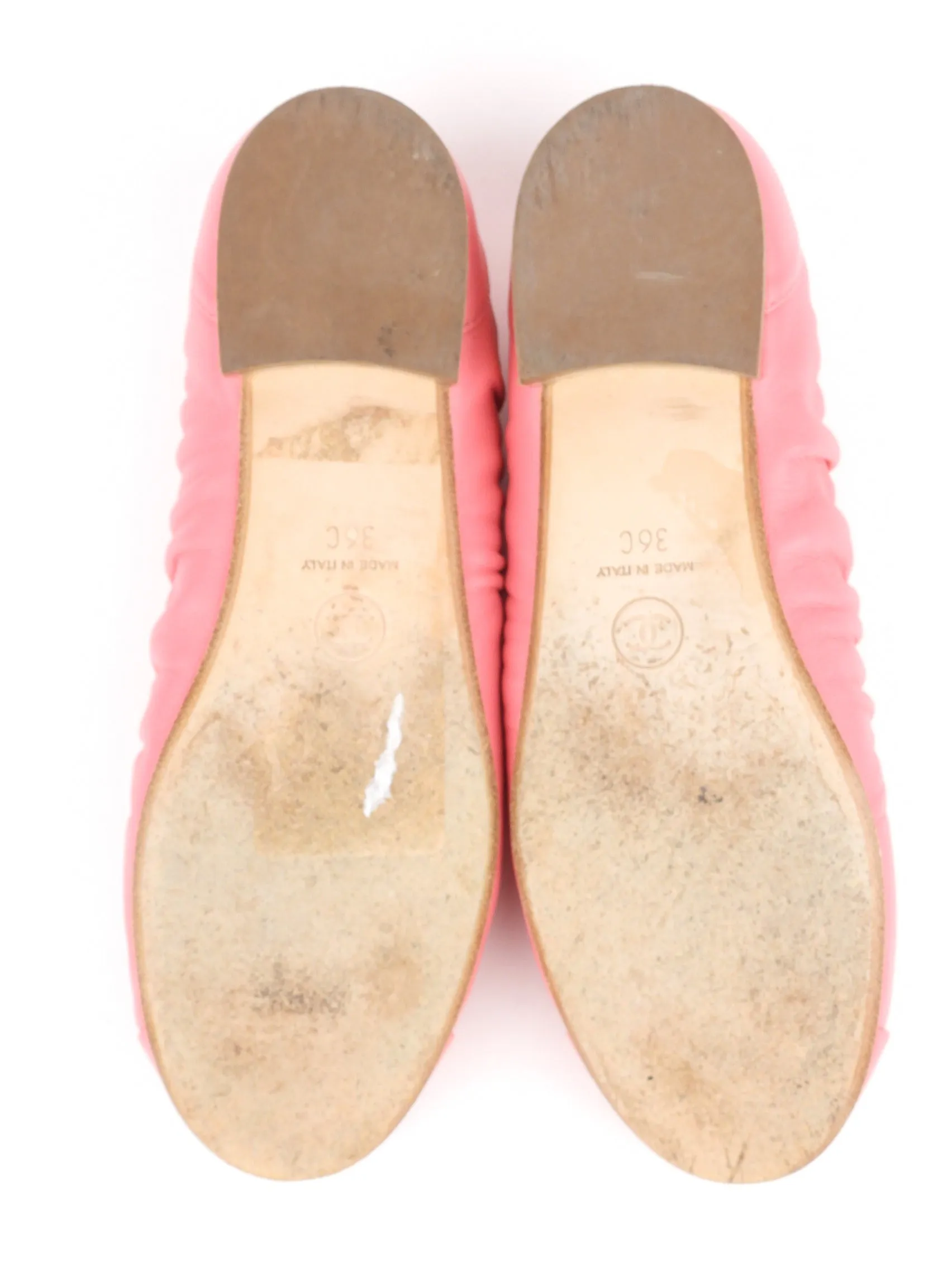 Chanel Pink Ruched Leather Cap Toe Ballet Flats - 36