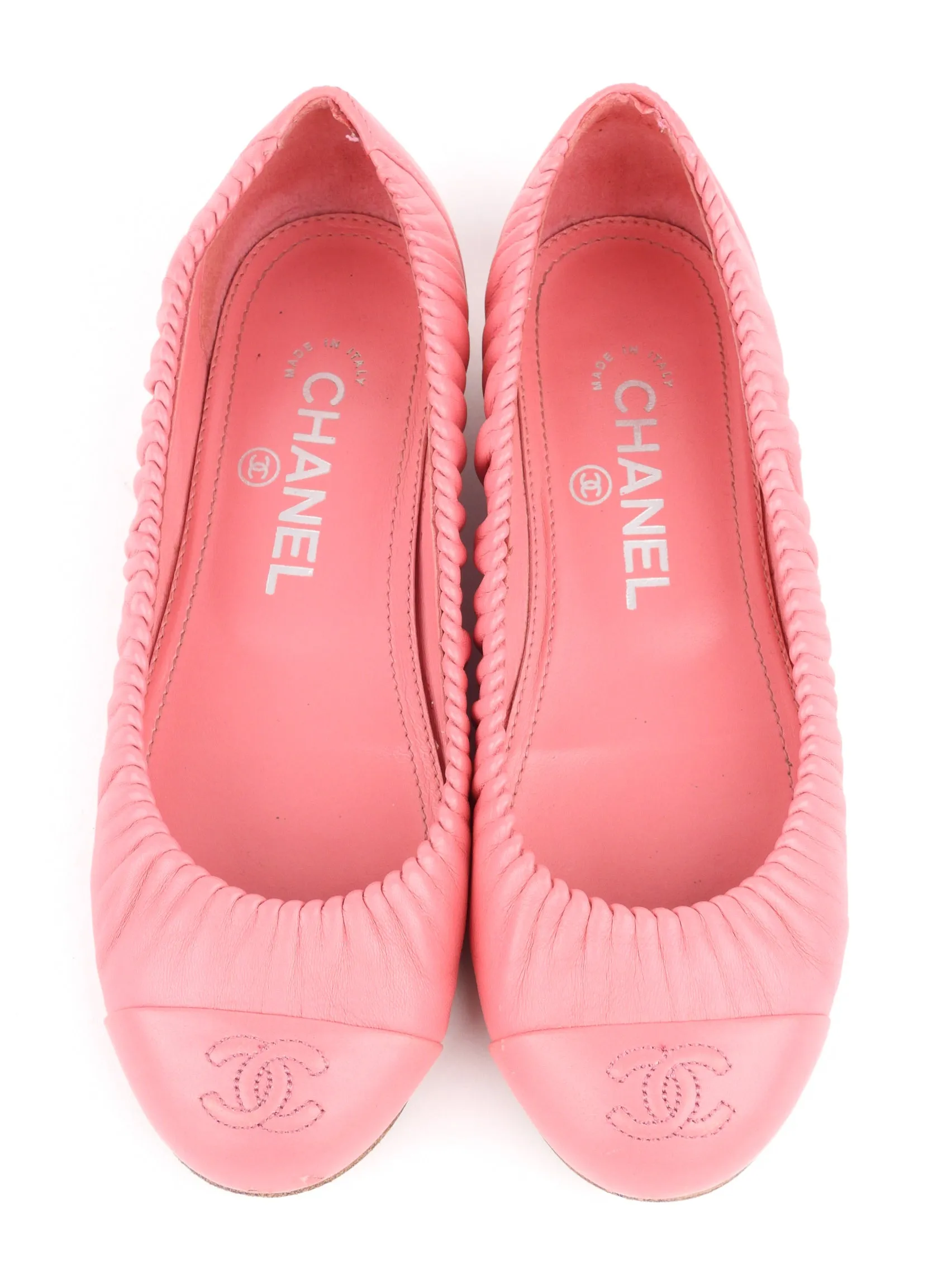 Chanel Pink Ruched Leather Cap Toe Ballet Flats - 36