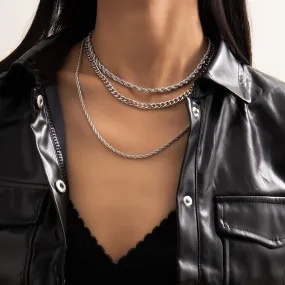 Complete Your Look with 3 Layered Silver Twist Rope Chain Necklaces with Rhinestones