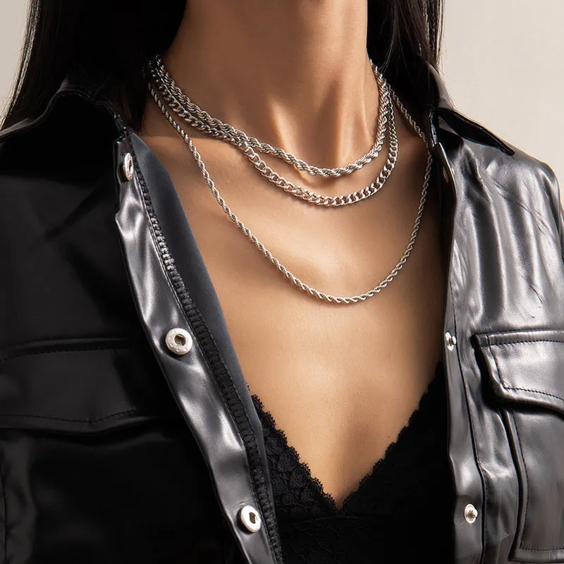 Complete Your Look with 3 Layered Silver Twist Rope Chain Necklaces with Rhinestones