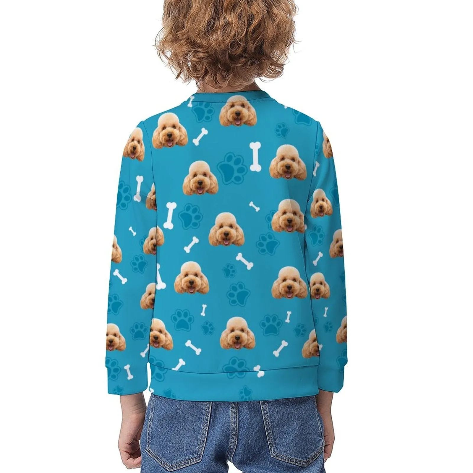 Custom Pet Face Bone Paw Print Christmas Kids' All Over Print Sweatshirt