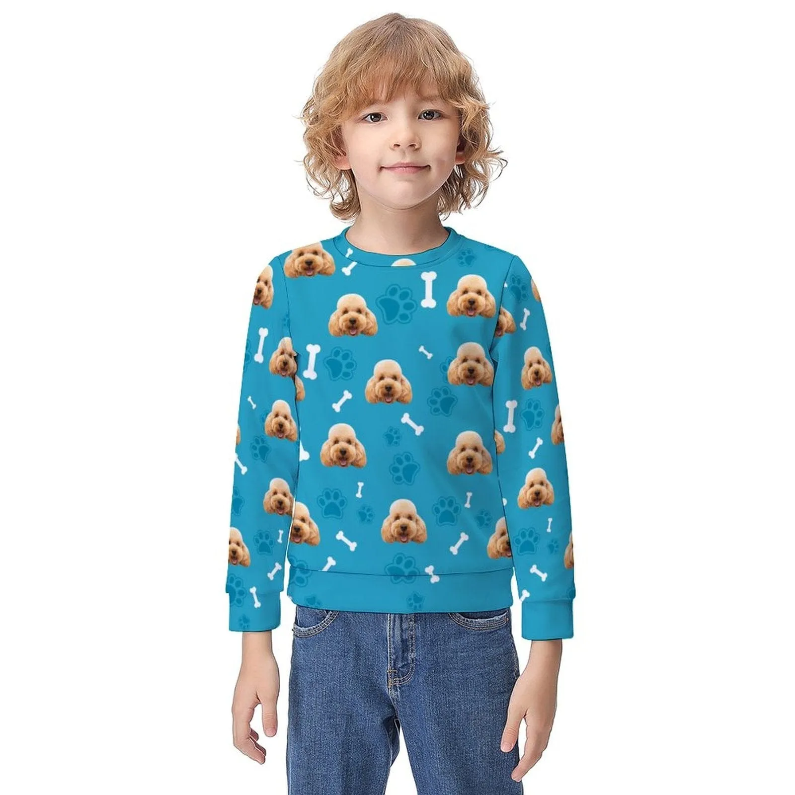 Custom Pet Face Bone Paw Print Christmas Kids' All Over Print Sweatshirt