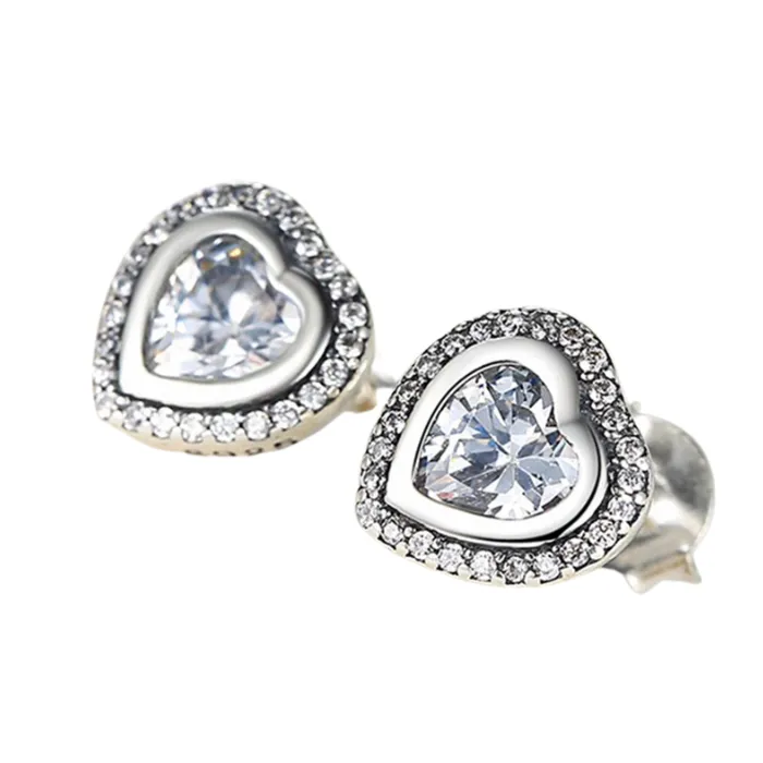 CZ Double Heart Halo Stud Earrings Sterling Silver