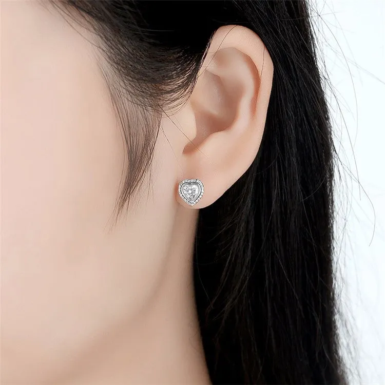 CZ Double Heart Halo Stud Earrings Sterling Silver