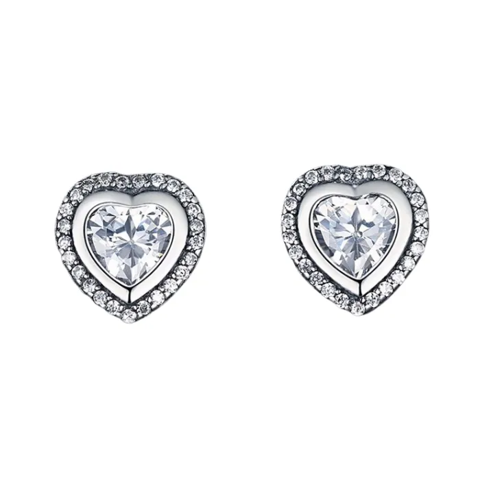 CZ Double Heart Halo Stud Earrings Sterling Silver