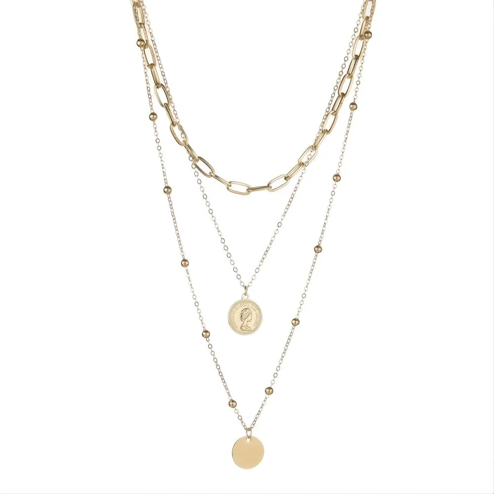 Elevate Your Style with our Vintage Coin Pendant Necklace - Three Layers of Stackable Chains for Women and Girls - Perfect for Holidays