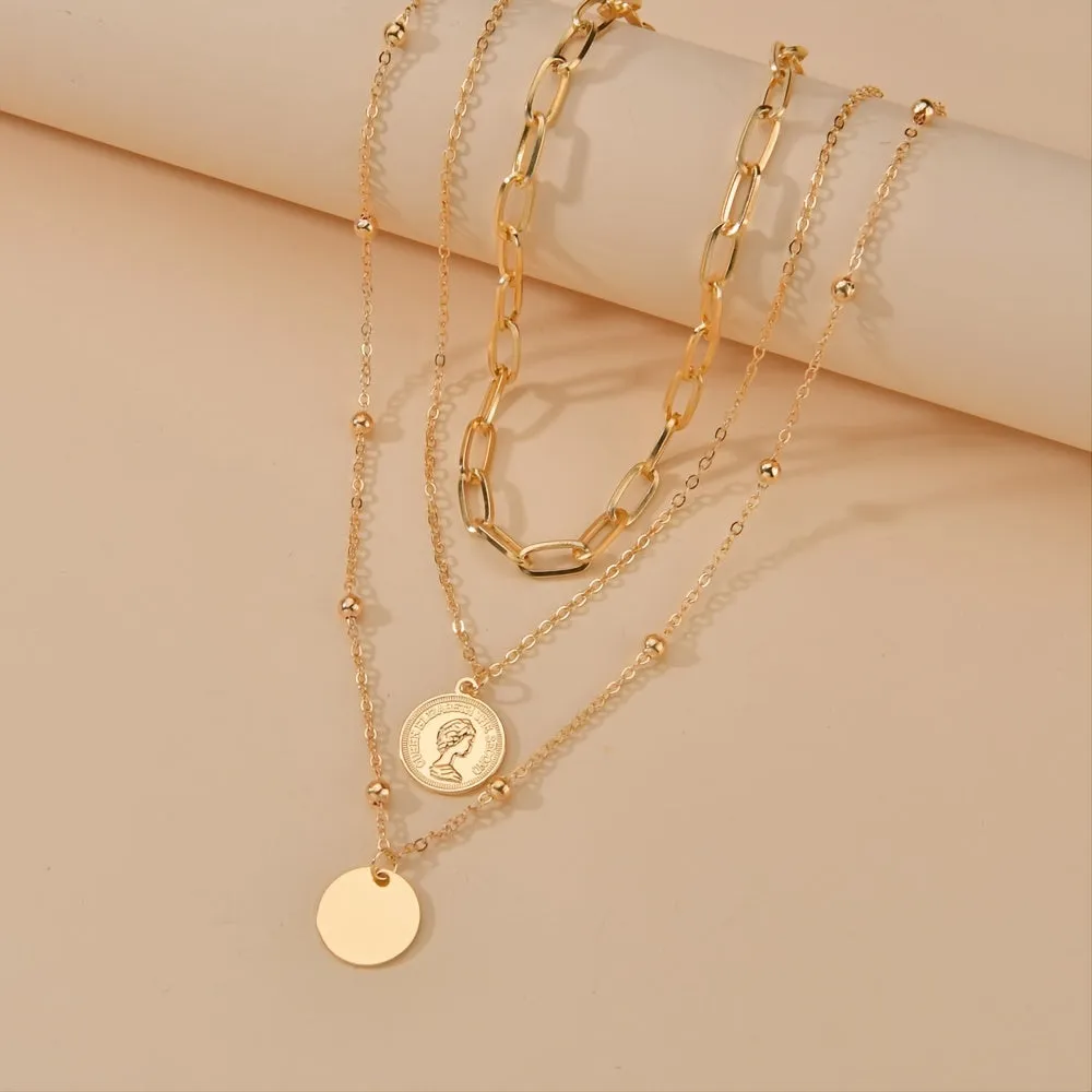 Elevate Your Style with our Vintage Coin Pendant Necklace - Three Layers of Stackable Chains for Women and Girls - Perfect for Holidays