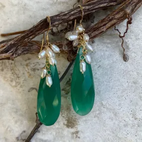 Emerald Green Chalcedony Cluster Earrings w Freshwater Pearls & Gold Filled