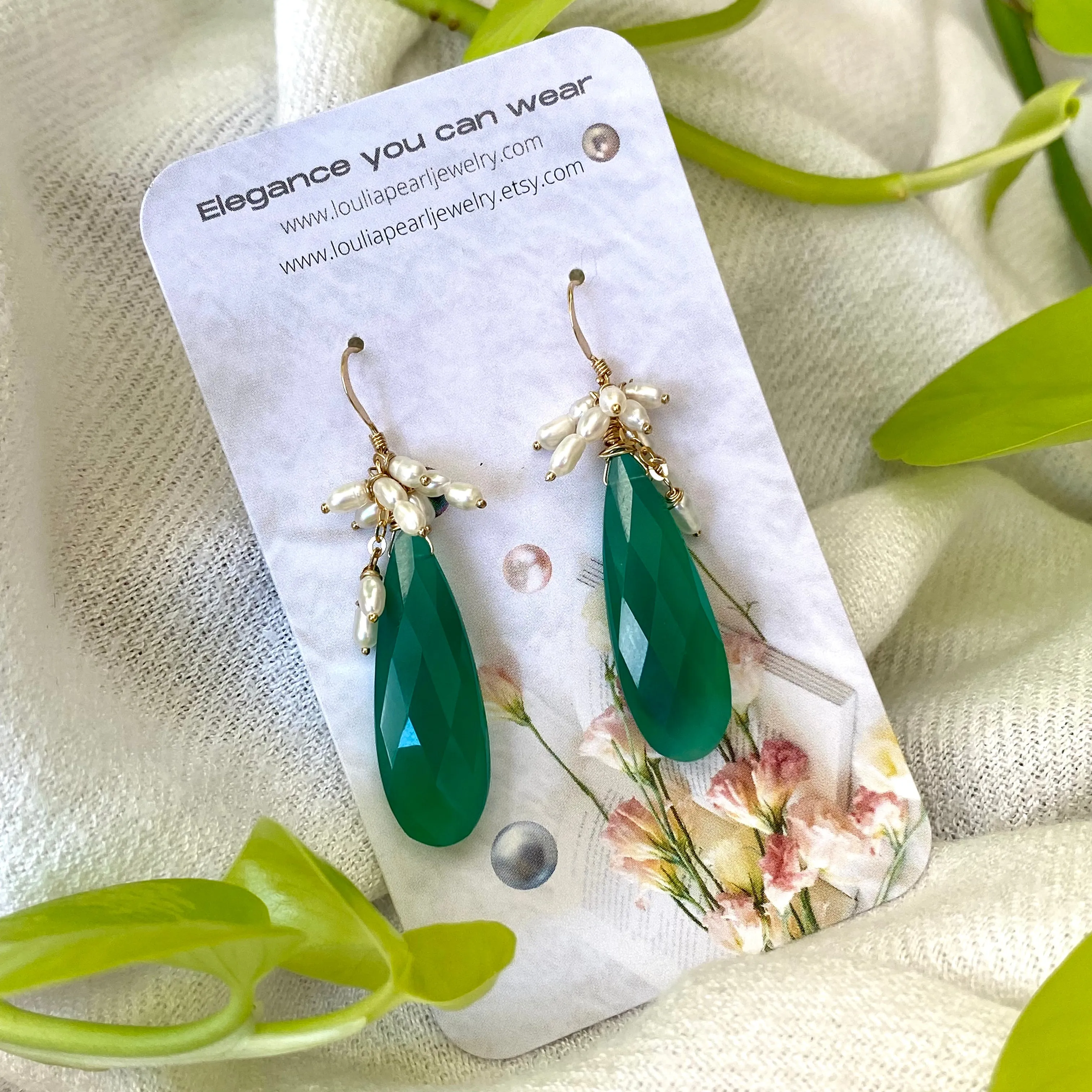 Emerald Green Chalcedony Cluster Earrings w Freshwater Pearls & Gold Filled