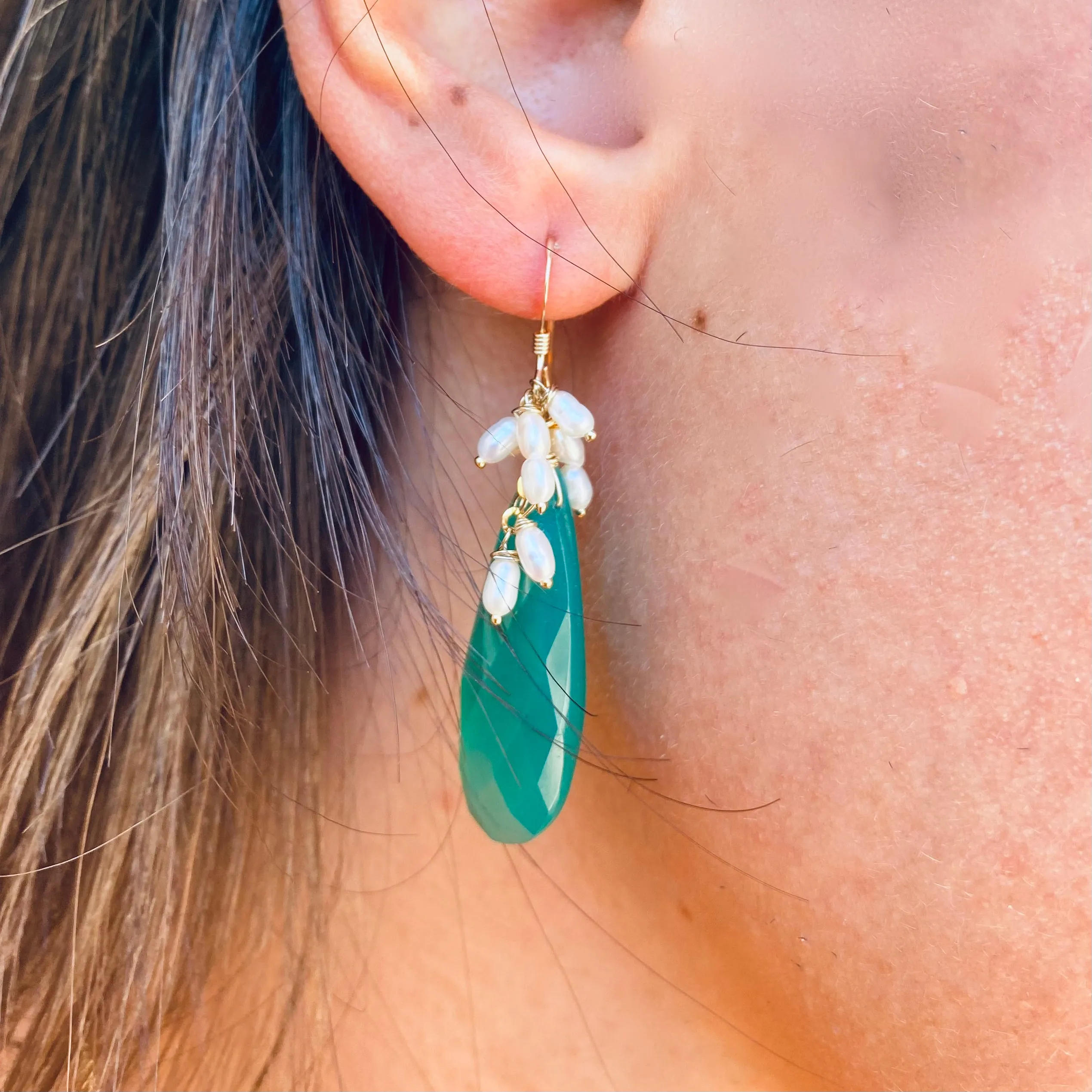 Emerald Green Chalcedony Cluster Earrings w Freshwater Pearls & Gold Filled