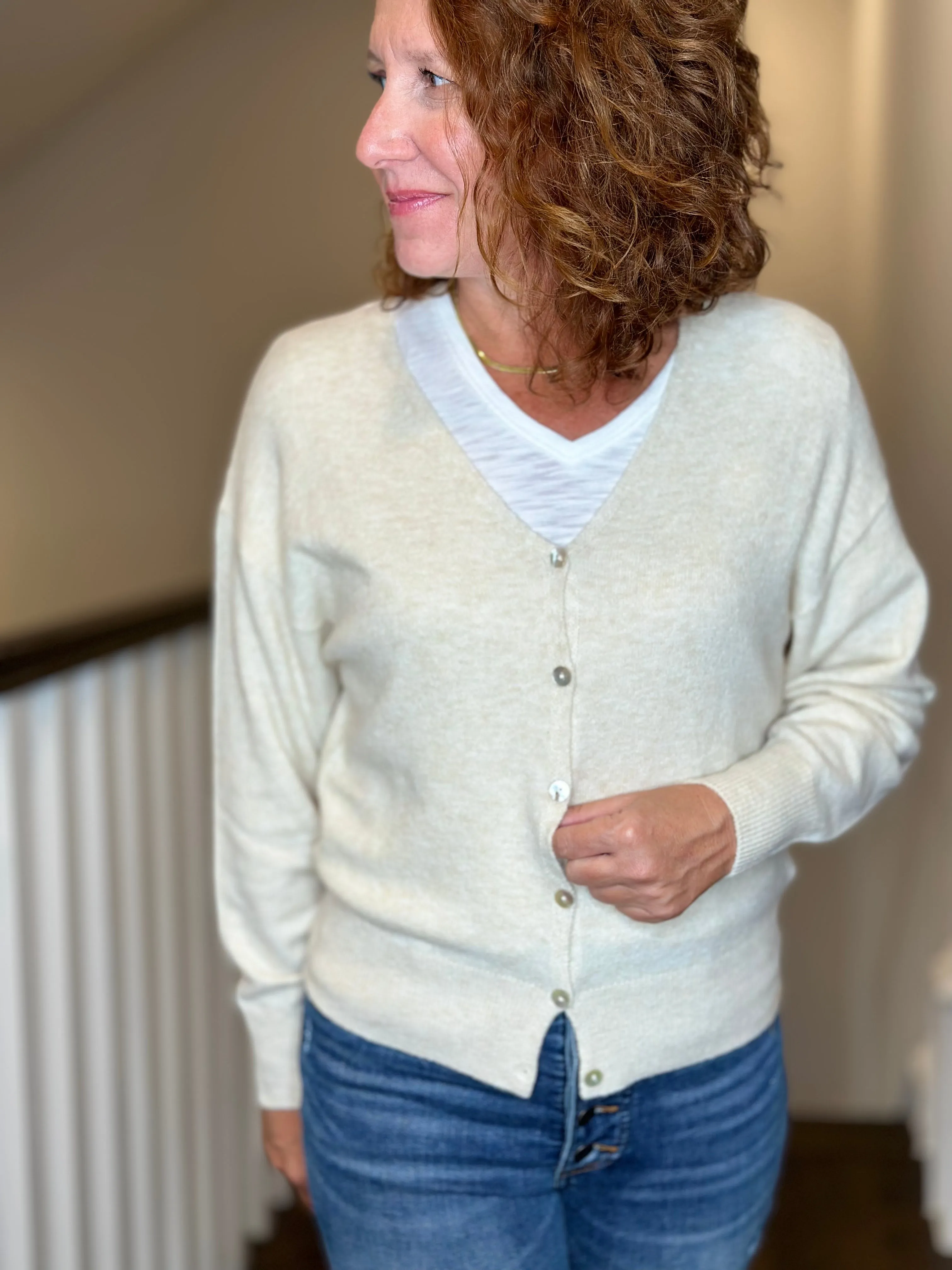 Esqualo V Neck Cardigan in Light Sand