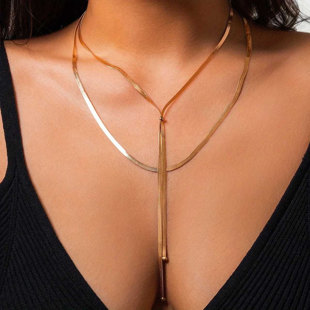 Get the Vintage Look with 2pcs Retro Hand-woven Copper Y-Shaped Necklaces on Flat Snake Chain with Tassel Pendant and Long Clavicle Chain