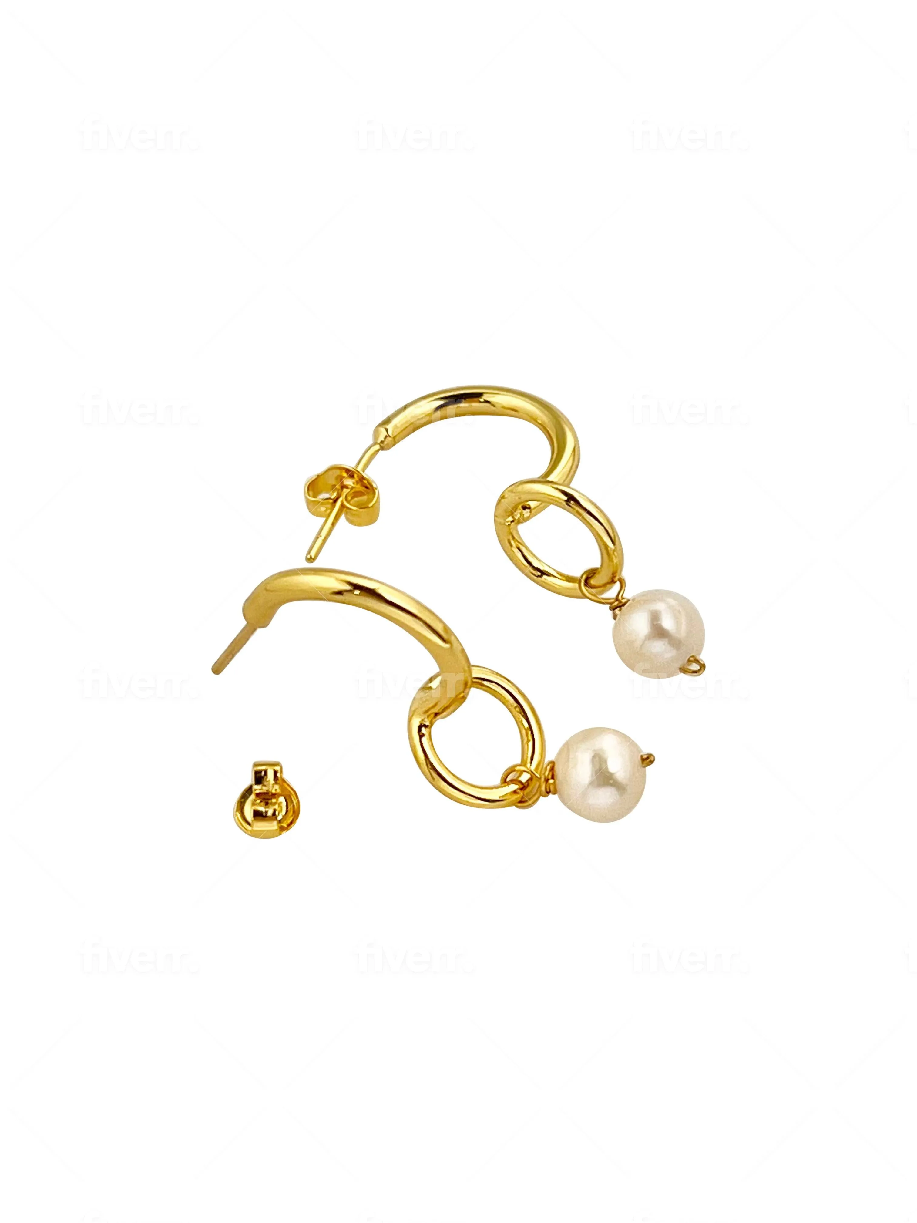 Gold Half Hoop Circle Pearl Earrings