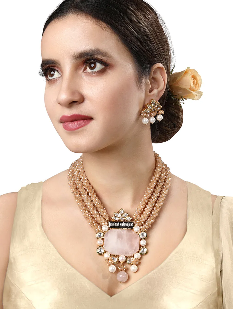 Gold Plated Kundan Necklace with Onyx and Pearls