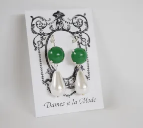 Green Glass Jade and Pearl Earrings